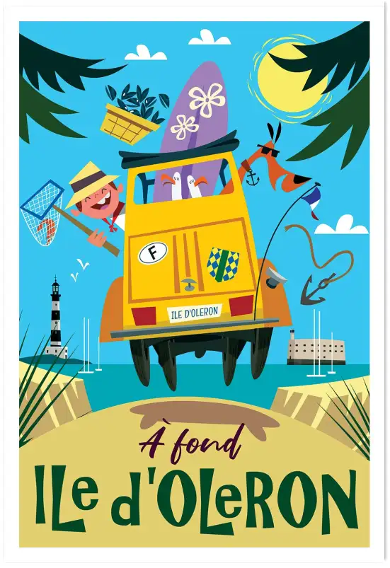 Affiche À fond Île d'Oléron - Illustration rétro voiture de vacances