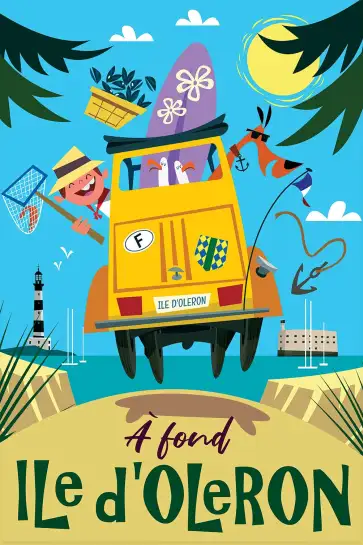 Affiche À fond Île d'Oléron - Illustration rétro voiture de vacances