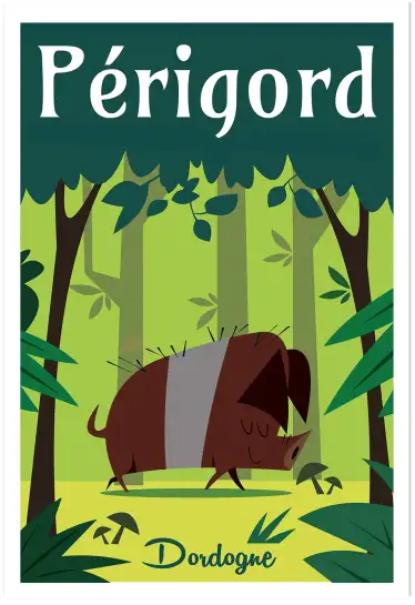 Affiche Périgord Dordogne - Illustration vintage sanglier en forêt