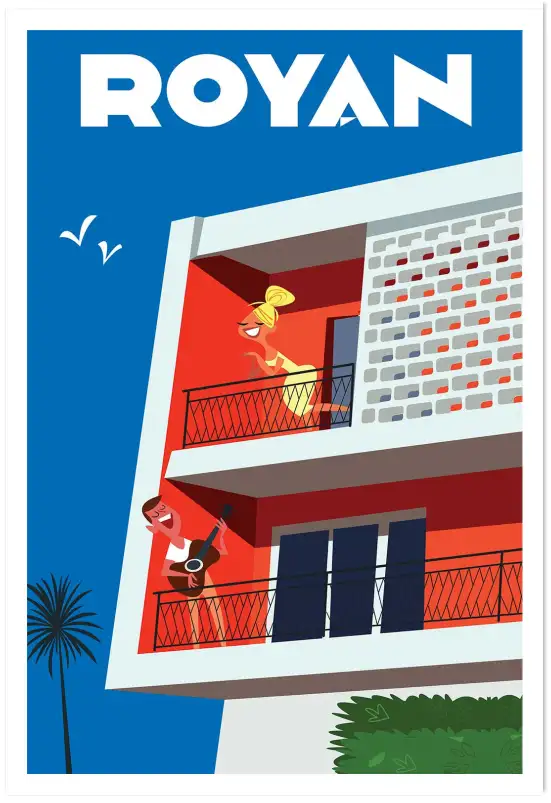 Affiche Royan - Illustration rétro architecture moderne et musique