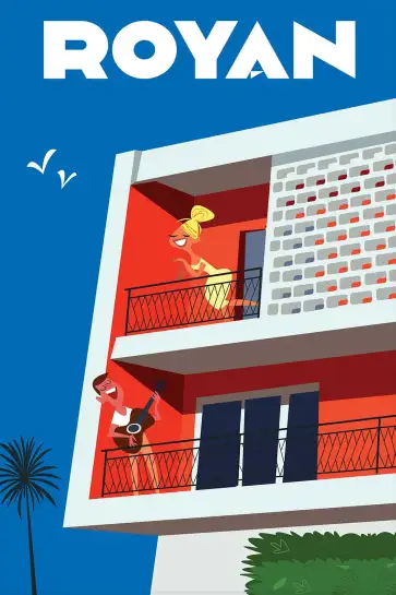 Affiche Royan - Illustration rétro architecture moderne et musique