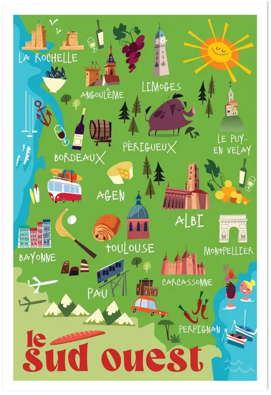 Affiche carte illustrée du Sud-Ouest - Art rétro région et spécialités