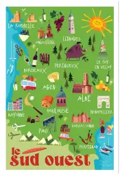 Affiche carte illustrée du Sud-Ouest - Art rétro région et spécialités