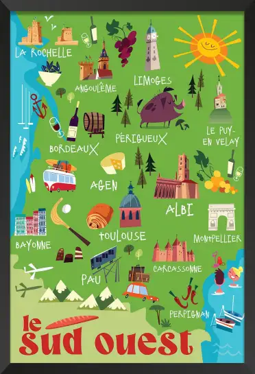 Affiche carte illustrée du Sud-Ouest - Art rétro région et spécialités