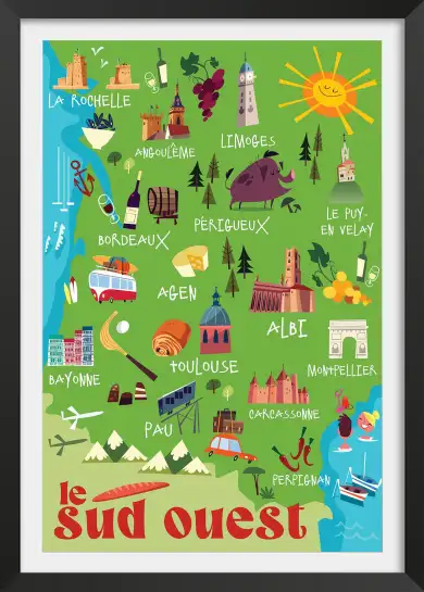 Affiche carte illustrée du Sud-Ouest - Art rétro région et spécialités