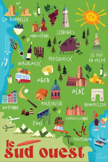 Affiche carte illustrée du Sud-Ouest - Art rétro région et spécialités