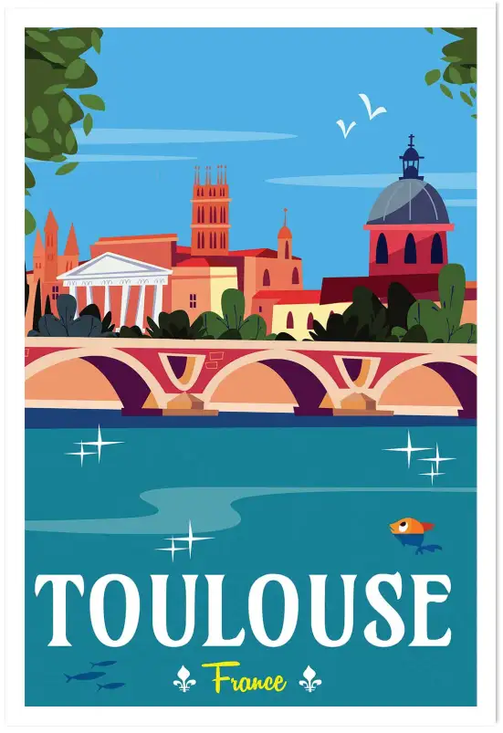 Affiche Toulouse France - Illustration vintage Pont Neuf et Capitole
