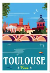Affiche Toulouse France - Illustration vintage Pont Neuf et Capitole
