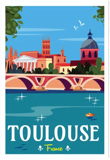Affiche Toulouse France - Illustration vintage Pont Neuf et Capitole