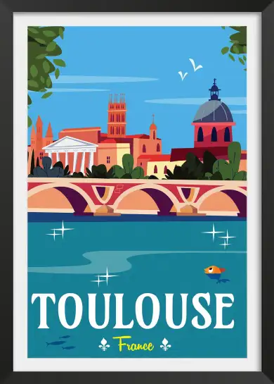Affiche Toulouse France - Illustration vintage Pont Neuf et Capitole