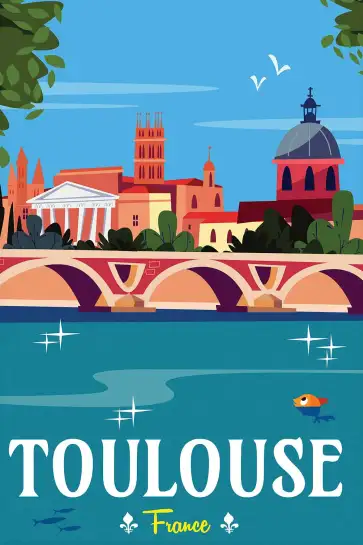 Affiche Toulouse France - Illustration vintage Pont Neuf et Capitole