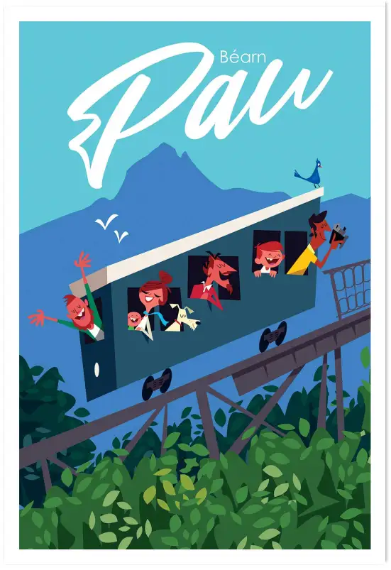 Affiche Pau Béarn - Illustration rétro funiculaire et Pyrénées