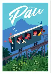 Affiche Pau Béarn - Illustration rétro funiculaire et Pyrénées