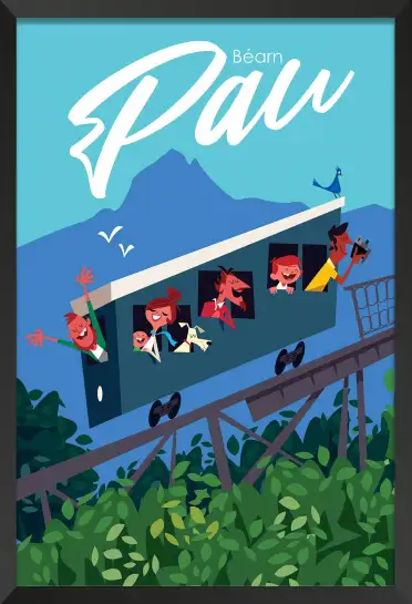 Affiche Pau Béarn - Illustration rétro funiculaire et Pyrénées