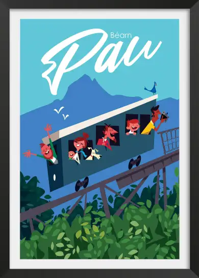 Affiche Pau Béarn - Illustration rétro funiculaire et Pyrénées