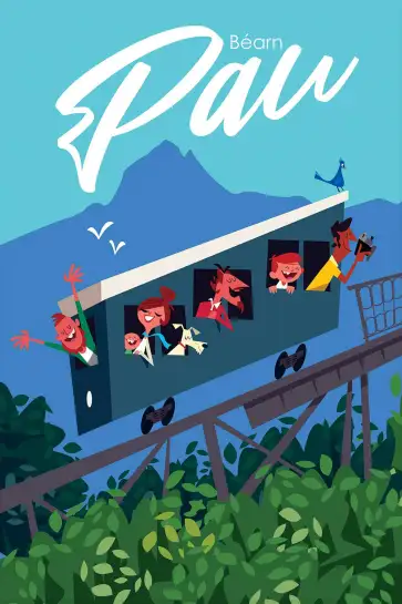 Affiche Pau Béarn - Illustration rétro funiculaire et Pyrénées