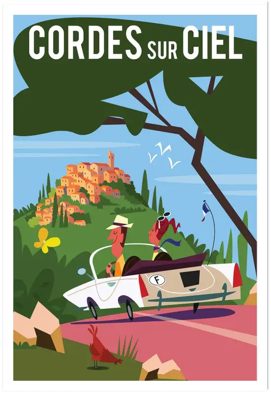 Affiche Cordes-sur-Ciel - Illustration rétro cabriolet et village perché