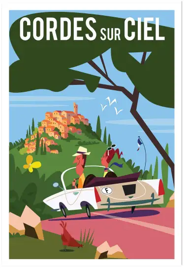 Affiche Cordes-sur-Ciel - Illustration rétro cabriolet et village perché