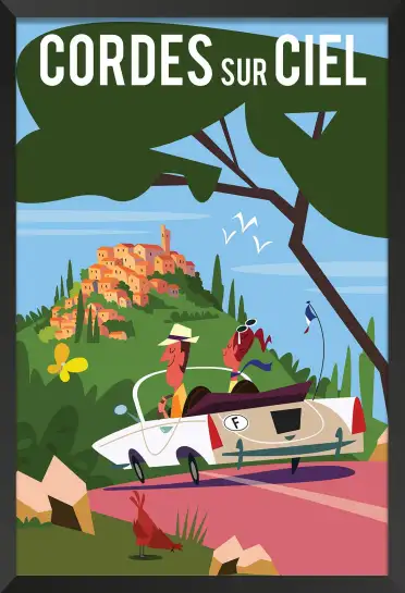 Affiche Cordes-sur-Ciel - Illustration rétro cabriolet et village perché
