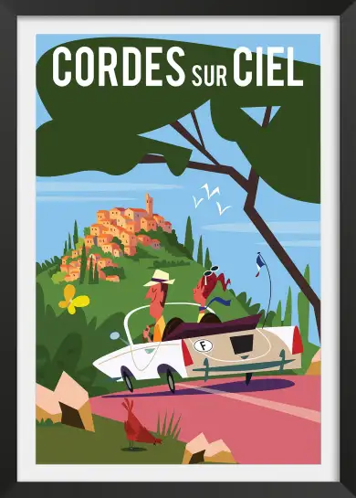 Affiche Cordes-sur-Ciel - Illustration rétro cabriolet et village perché