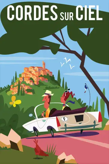 Affiche Cordes-sur-Ciel - Illustration rétro cabriolet et village perché