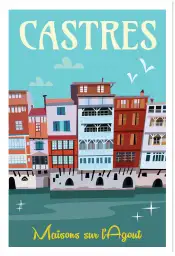 Affiche Castres - Illustration rétro des maisons colorées sur l'Agout
