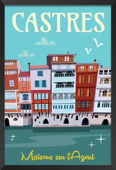 Affiche Castres - Illustration rétro des maisons colorées sur l'Agout