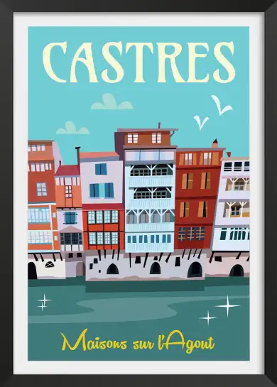 Affiche Castres - Illustration rétro des maisons colorées sur l'Agout