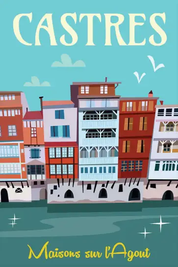 Affiche Castres - Illustration rétro des maisons colorées sur l'Agout