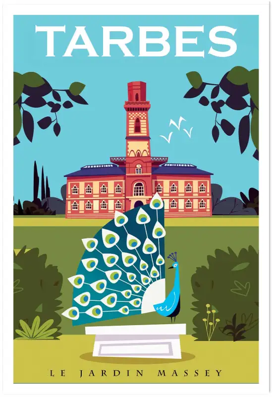 Affiche Tarbes - Illustration rétro du Jardin Massey et son paon