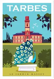 Affiche Tarbes - Illustration rétro du Jardin Massey et son paon