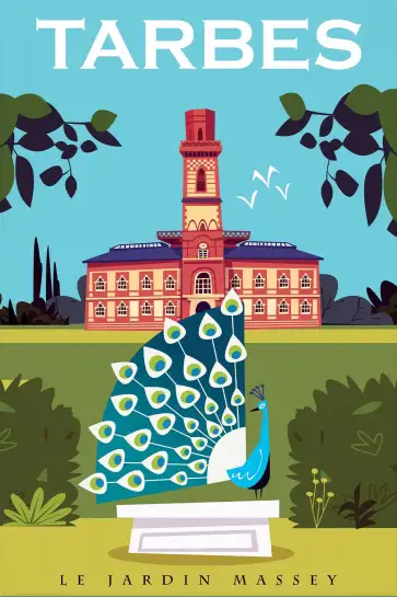 Affiche Tarbes - Illustration rétro du Jardin Massey et son paon