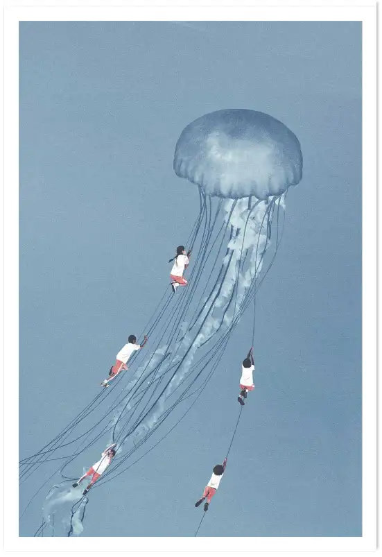 Affiche enfants et méduse géante - art surréaliste