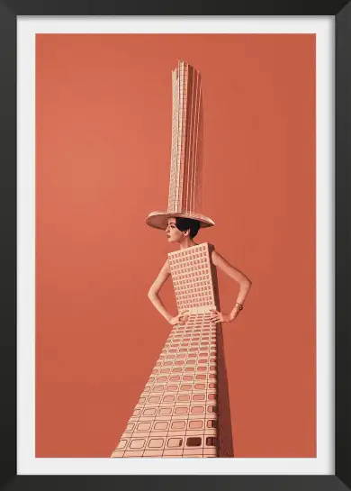 Affiche femme gratte-ciel par maarten leon - art surréaliste et mode