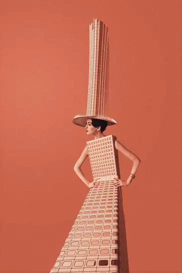 Affiche femme gratte-ciel par maarten leon - art surréaliste et mode