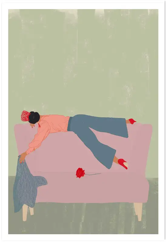 Affiche femme en lévitation sur canapé - art moderne illustration élégante