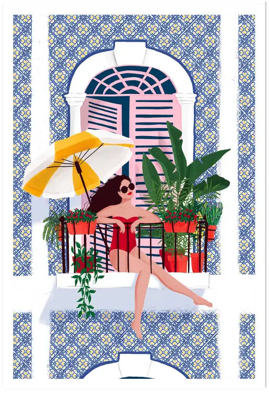 Affiche femme au balcon - illustration été et motifs azulejos