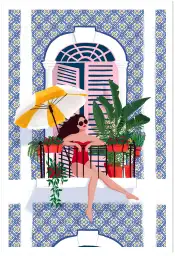 Affiche femme au balcon - illustration été et motifs azulejos