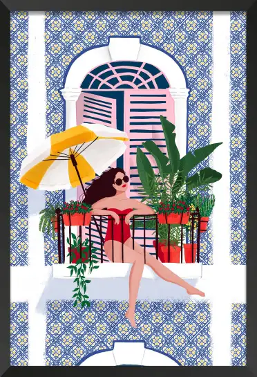 Affiche femme au balcon - illustration été et motifs azulejos