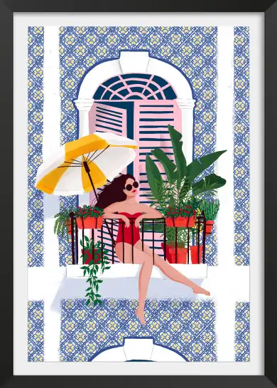 Affiche femme au balcon - illustration été et motifs azulejos