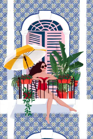 Affiche femme au balcon - illustration été et motifs azulejos