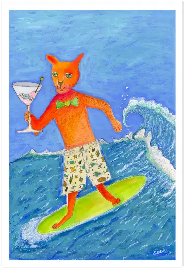 Affiche chat surfeur - illustration humoristique