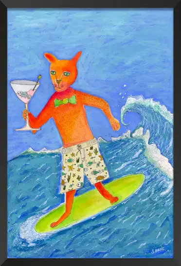 Affiche chat surfeur - illustration humoristique