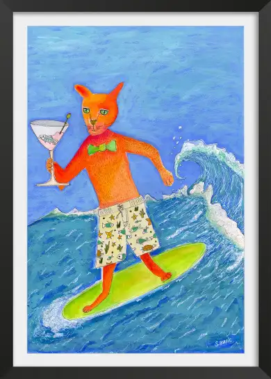 Affiche chat surfeur - illustration humoristique