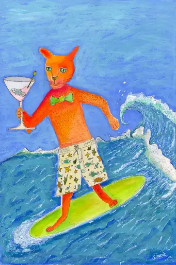 Affiche chat surfeur - illustration humoristique