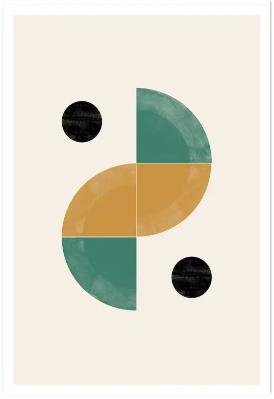 Affiche Géométrique Moderne - Demi-cercles vert, ocre et cercles noirs