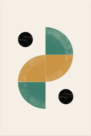 Affiche Géométrique Moderne - Demi-cercles vert, ocre et cercles noirs
