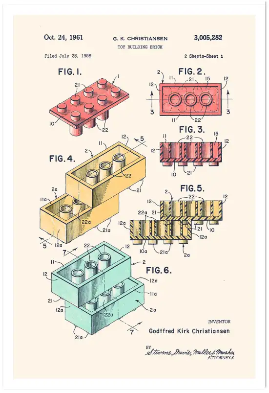Affiche brevet vintage - dessin technique brique de jeu lego