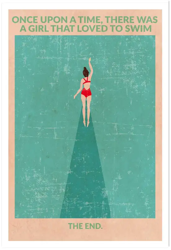 Affiche retro nageuse - illustration rétro nageuse en maillot rouge