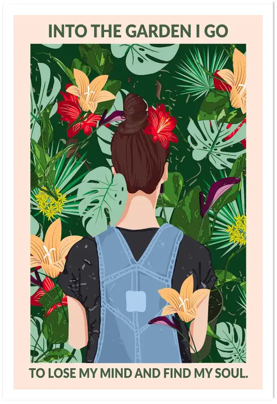Affiche botanique illustrée - femme dans la jungle et citation